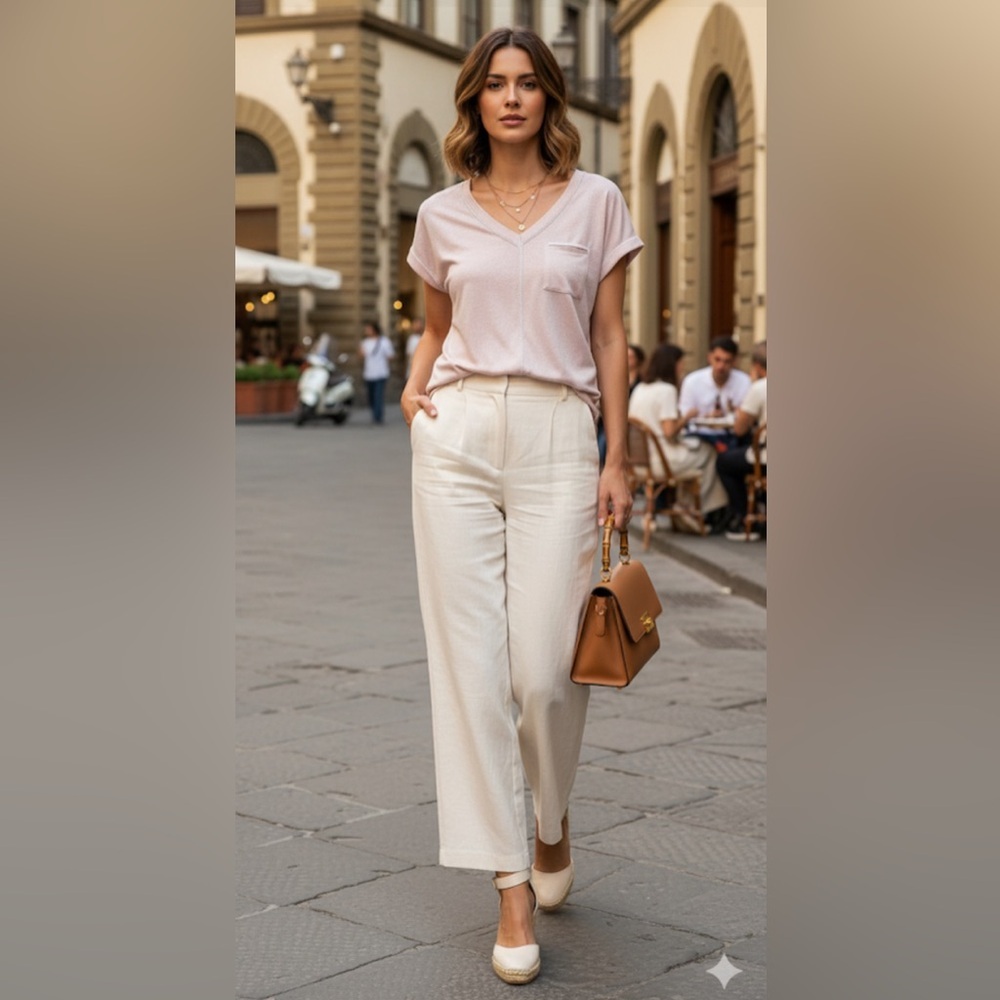 Flora Ashley Soft Pink Metallic V-Neck Short Sleeve Tee